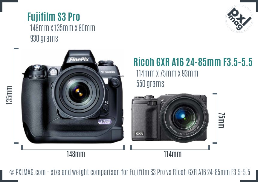 Fujifilm S3 Pro vs Ricoh GXR A16 24-85mm F3.5-5.5 size comparison