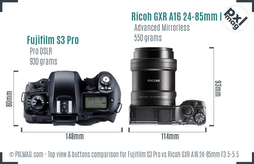 Fujifilm S3 Pro vs Ricoh GXR A16 24-85mm F3.5-5.5 top view buttons comparison