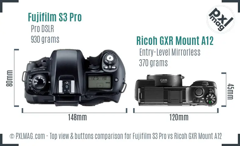 Fujifilm S3 Pro vs Ricoh GXR Mount A12 top view buttons comparison