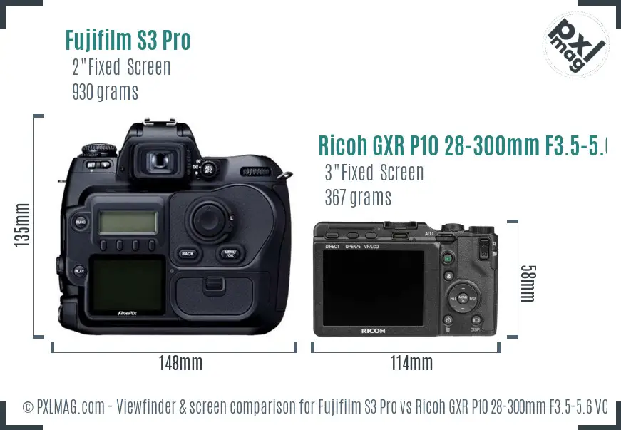 Fujifilm S3 Pro vs Ricoh GXR P10 28-300mm F3.5-5.6 VC Screen and Viewfinder comparison Fujifilm S3 Pro vs Ricoh GXR P10 28-300mm F3.5-5.6 VC Screen and Viewfinder comparison