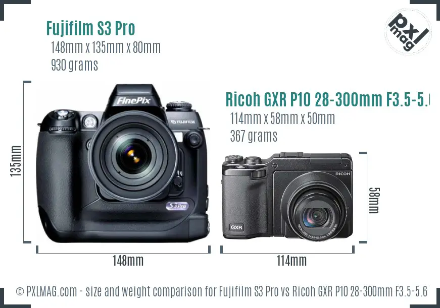 Fujifilm S3 Pro vs Ricoh GXR P10 28-300mm F3.5-5.6 VC size comparison Fujifilm S3 Pro vs Ricoh GXR P10 28-300mm F3.5-5.6 VC size comparison
