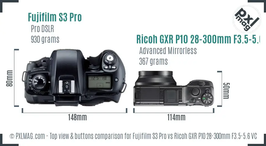 Fujifilm S3 Pro vs Ricoh GXR P10 28-300mm F3.5-5.6 VC top view buttons comparison Fujifilm S3 Pro vs Ricoh GXR P10 28-300mm F3.5-5.6 VC top view buttons comparison
