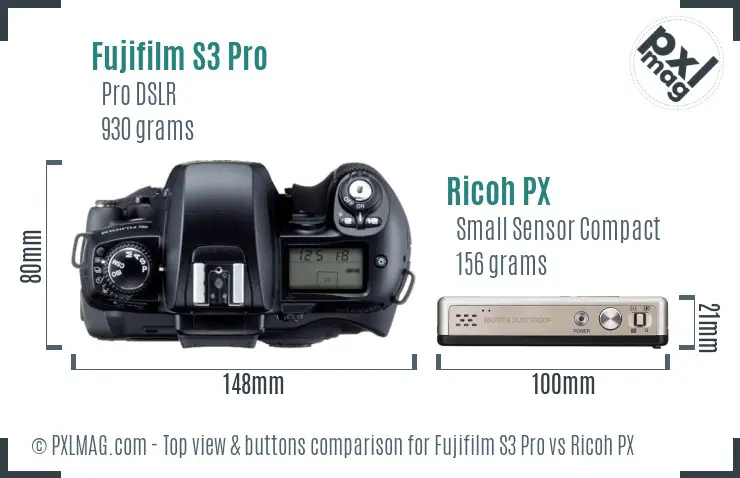 Fujifilm S3 Pro vs Ricoh PX top view buttons comparison Fujifilm S3 Pro vs Ricoh PX top view buttons comparison