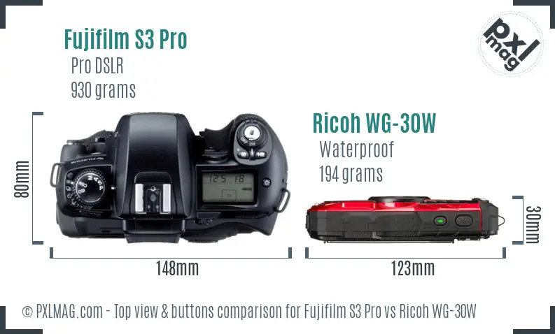 Fujifilm S3 Pro vs Ricoh WG-30W top view buttons comparison