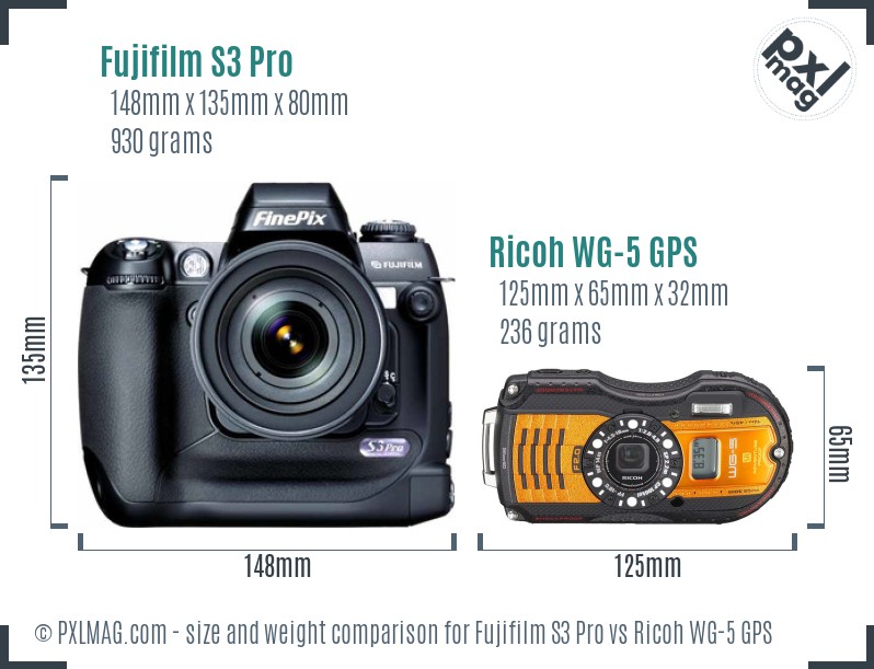 Fujifilm S3 Pro vs Ricoh WG-5 GPS size comparison