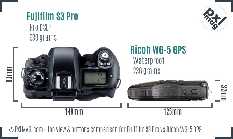 Fujifilm S3 Pro vs Ricoh WG-5 GPS top view buttons comparison