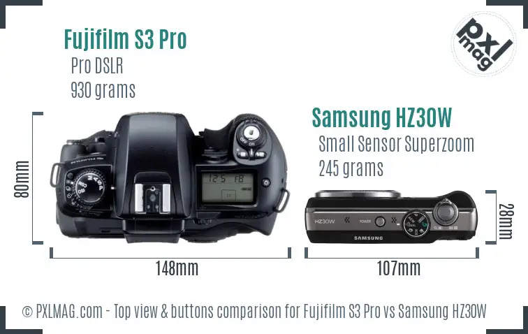 Fujifilm S3 Pro vs Samsung HZ30W top view buttons comparison Fujifilm S3 Pro vs Samsung HZ30W top view buttons comparison