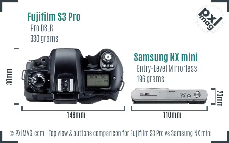 Top view design and control layout comparison between Fujifilm S3 Pro and Samsung NX mini
