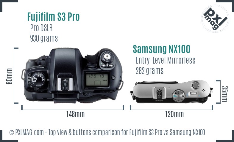 Fujifilm S3 Pro vs Samsung NX100 top view buttons comparison