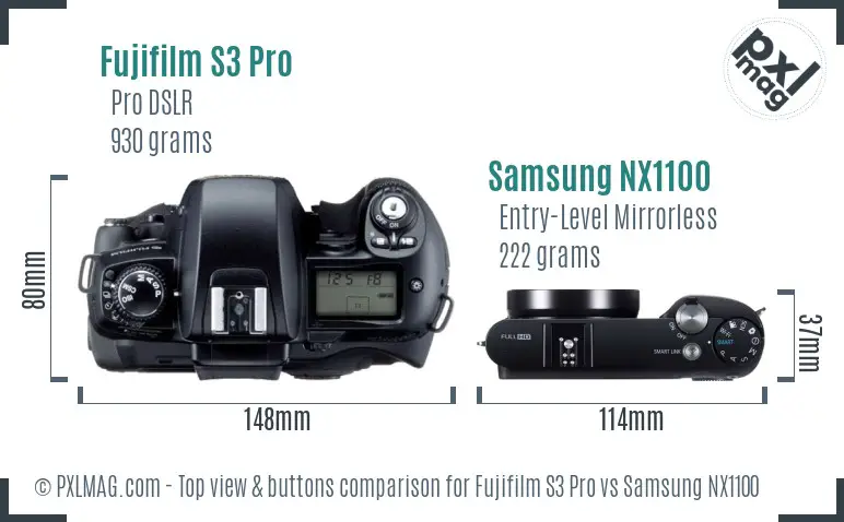 Fujifilm S3 Pro vs Samsung NX1100 top view buttons comparison