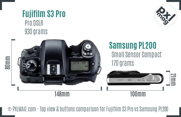 Fujifilm S3 Pro vs Samsung PL200 top view buttons comparison