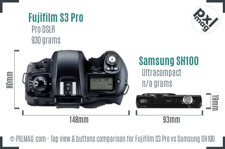 Fujifilm S3 Pro vs Samsung SH100 top view buttons comparison