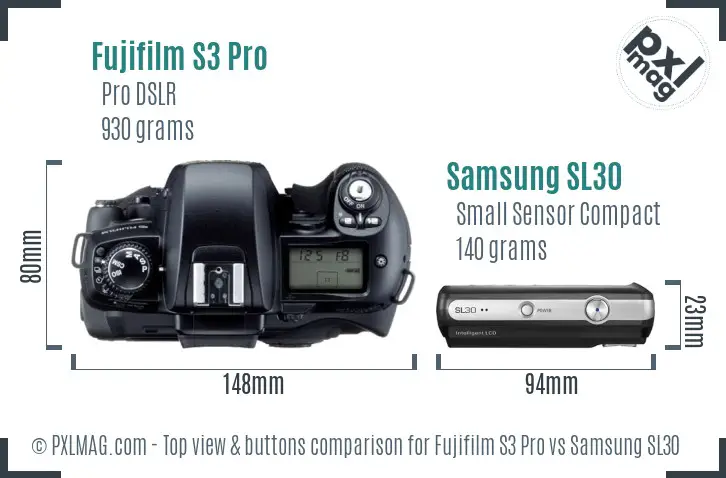 Fujifilm S3 Pro vs Samsung SL30 top view buttons comparison Fujifilm S3 Pro vs Samsung SL30 top view buttons comparison
