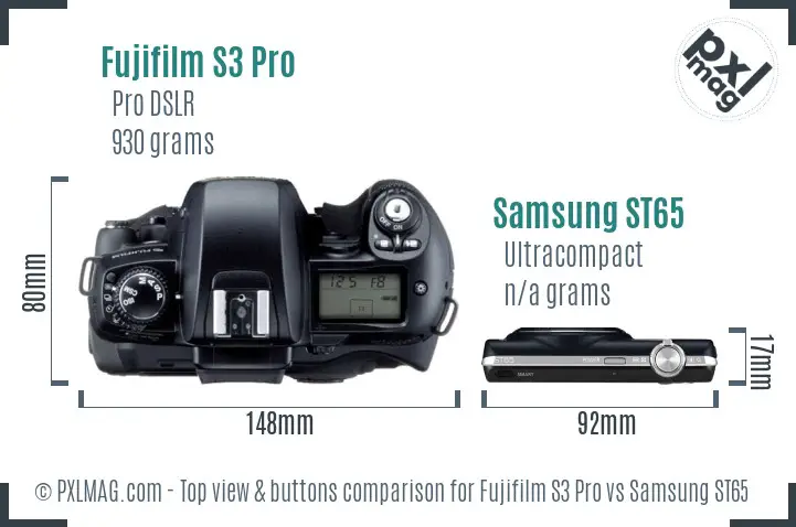 Fujifilm S3 Pro vs Samsung ST65 top view buttons comparison Fujifilm S3 Pro vs Samsung ST65 top view buttons comparison