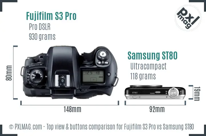 Fujifilm S3 Pro vs Samsung ST80 top view buttons comparison Fujifilm S3 Pro vs Samsung ST80 top view buttons comparison