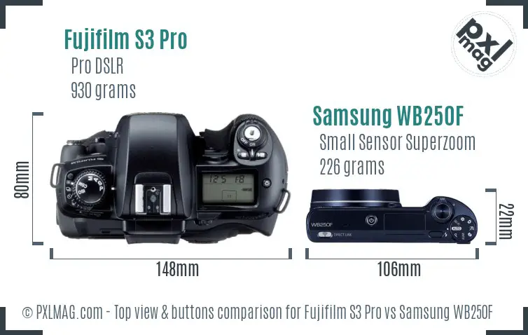 Fujifilm S3 Pro vs Samsung WB250F top view buttons comparison