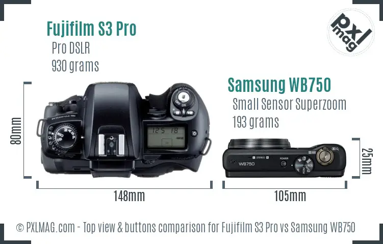 Fujifilm S3 Pro vs Samsung WB750 top view buttons comparison Fujifilm S3 Pro vs Samsung WB750 top view buttons comparison