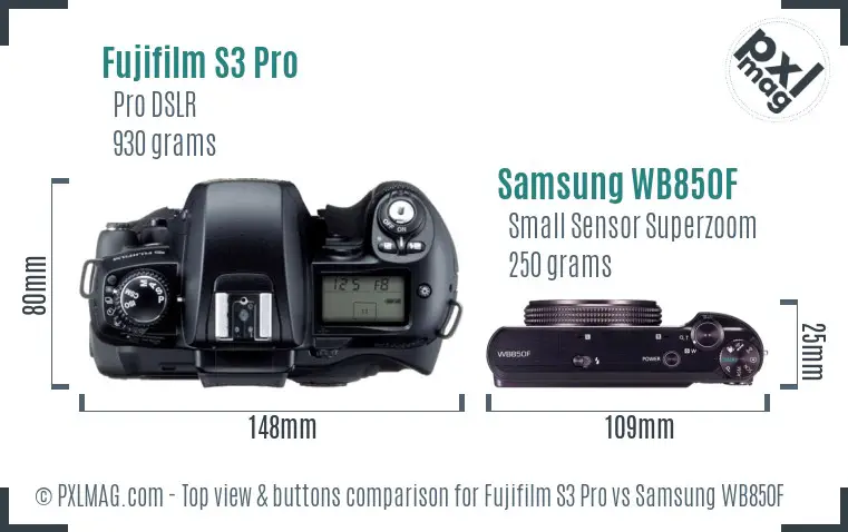 Fujifilm S3 Pro vs Samsung WB850F top view buttons comparison Fujifilm S3 Pro vs Samsung WB850F top view buttons comparison