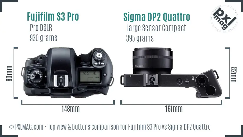 Fujifilm S3 Pro vs Sigma DP2 Quattro top view buttons comparison