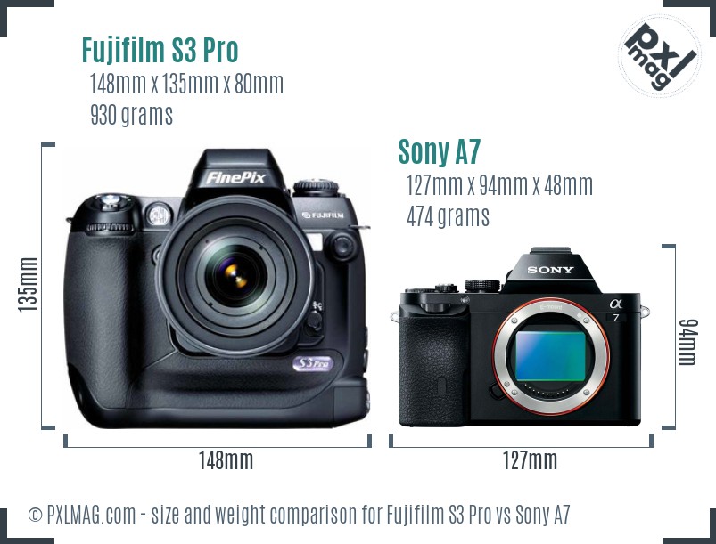 Fujifilm S3 Pro vs Sony A7 size comparison