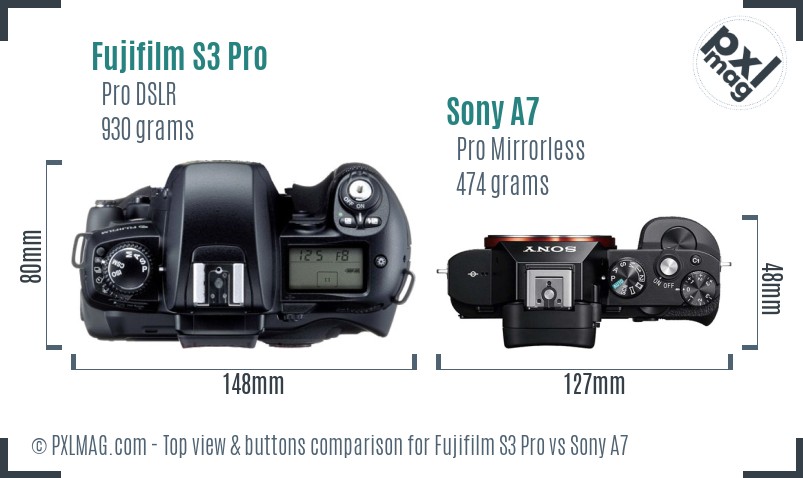 Fujifilm S3 Pro vs Sony A7 top view buttons comparison