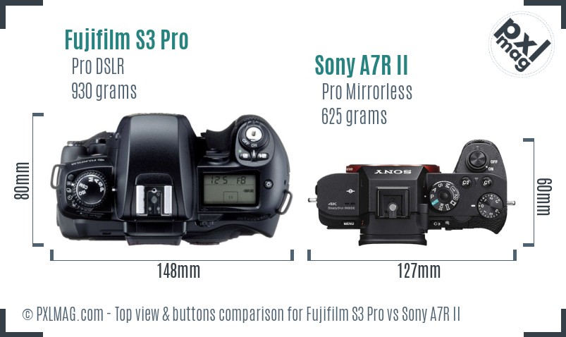 Fujifilm S3 Pro vs Sony A7R II top view buttons comparison