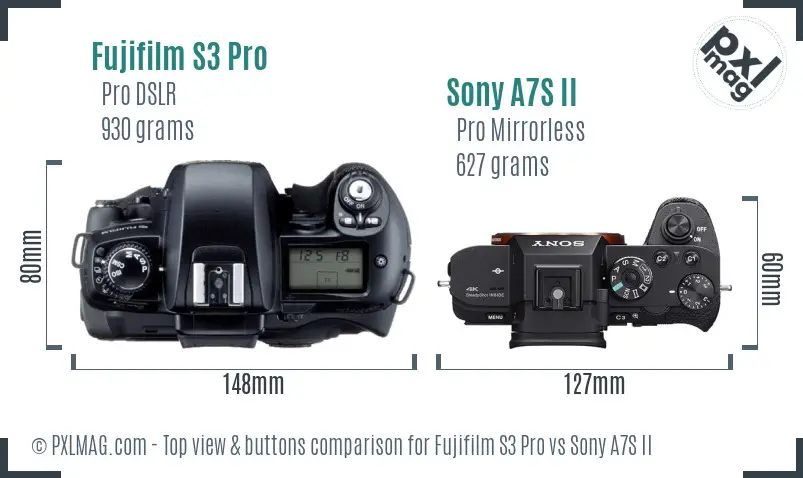 Fujifilm S3 Pro vs Sony A7S II top view buttons comparison