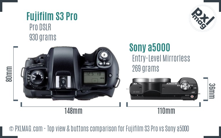 Fujifilm S3 Pro vs Sony a5000 top view buttons comparison