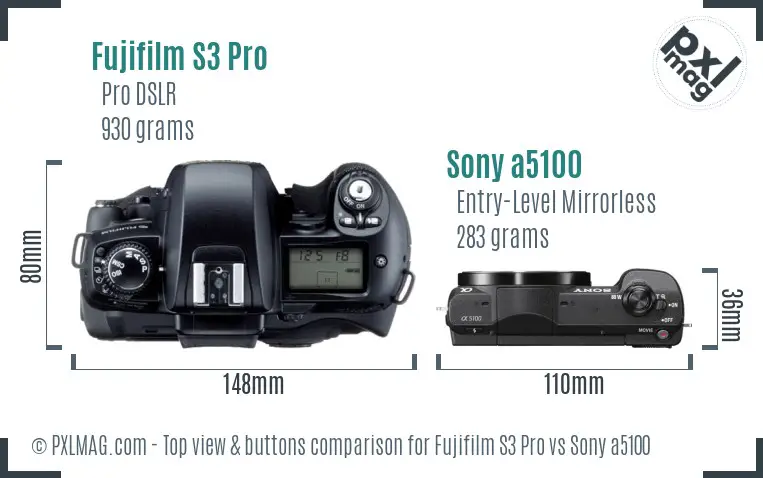 Fujifilm S3 Pro vs Sony a5100 top view buttons comparison
