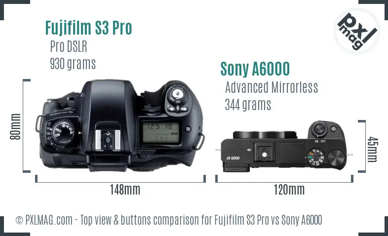 Fujifilm S3 Pro vs Sony A6000 top view buttons comparison Fujifilm S3 Pro vs Sony A6000 top view buttons comparison