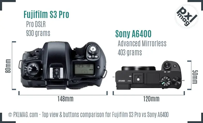 Fujifilm S3 Pro vs Sony A6400 top view buttons comparison Fujifilm S3 Pro vs Sony A6400 top view buttons comparison