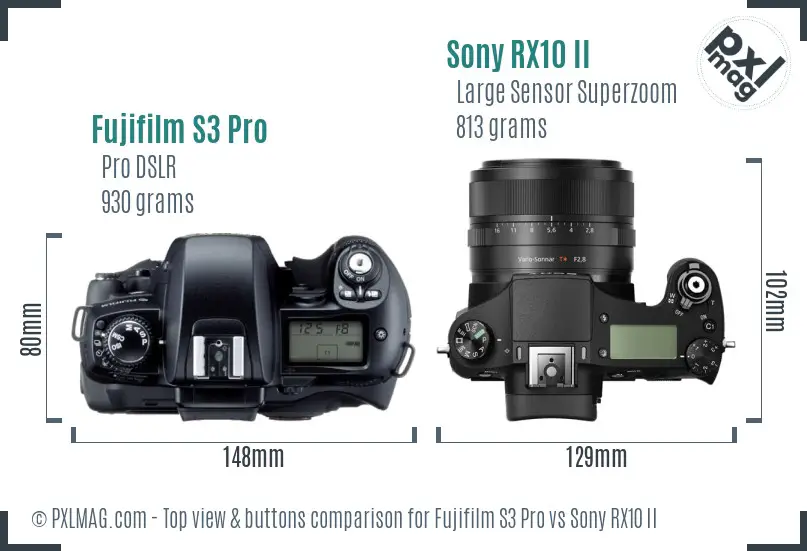 Fujifilm S3 Pro vs Sony RX10 II top view buttons comparison