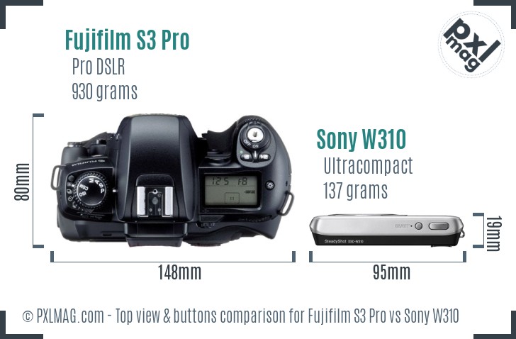 Fujifilm S3 Pro vs Sony W310 top view buttons comparison