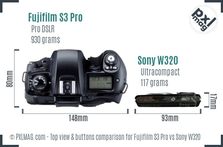 Fujifilm S3 Pro vs Sony W320 top view buttons comparison