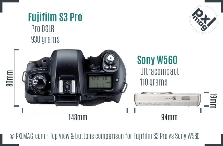 Fujifilm S3 Pro vs Sony W560 top view buttons comparison