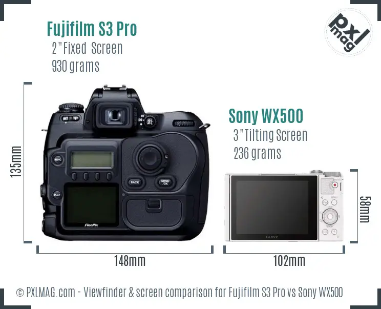 Fujifilm S3 Pro vs Sony WX500 Screen and Viewfinder comparison
