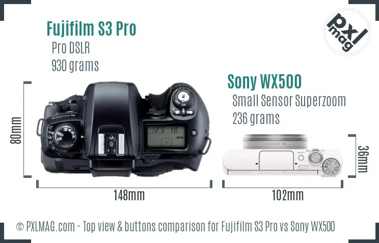 Fujifilm S3 Pro vs Sony WX500 top view buttons comparison
