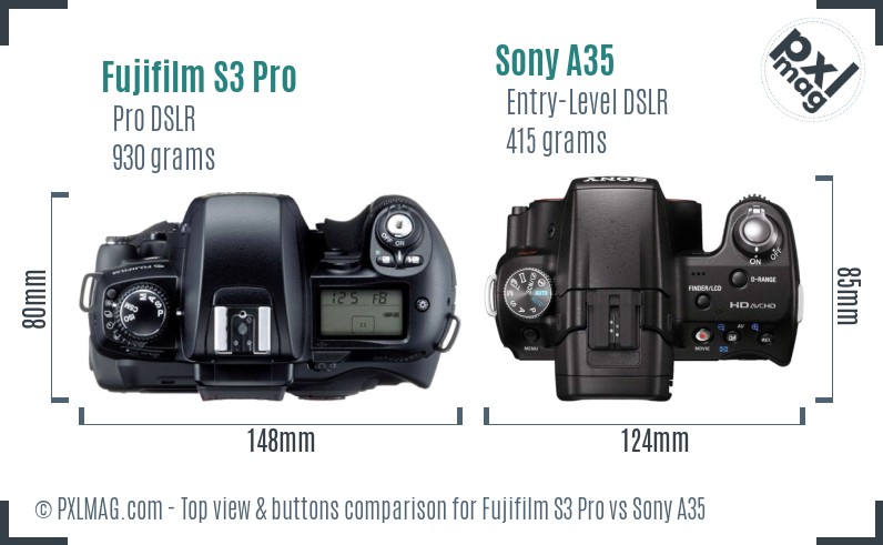 Fujifilm S3 Pro vs Sony A35 top view buttons comparison