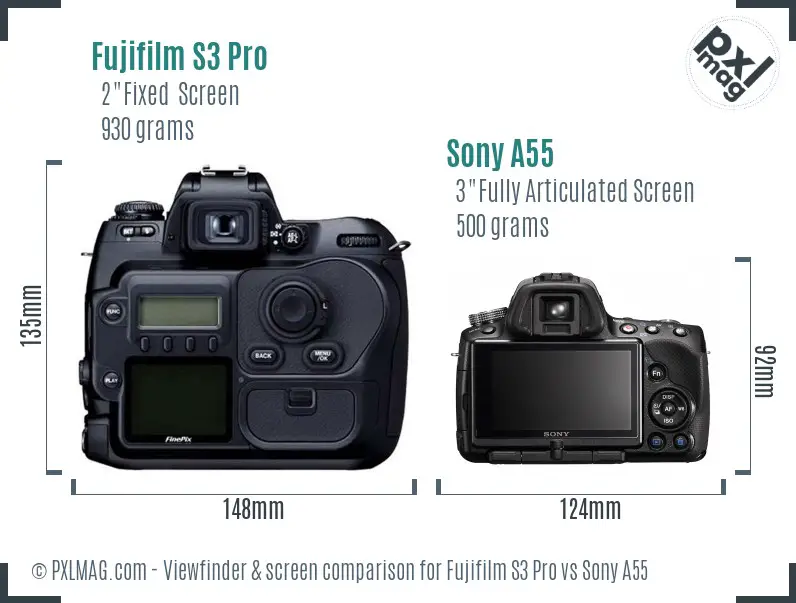 Fujifilm S3 Pro vs Sony A55 Screen and Viewfinder comparison
