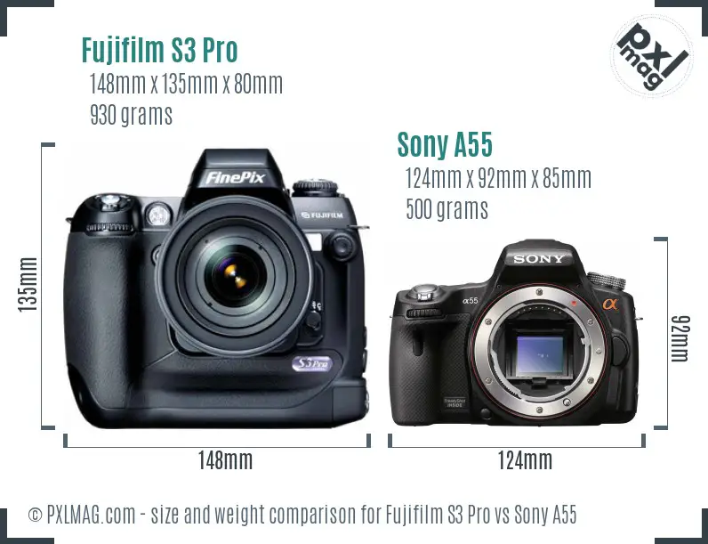 Fujifilm S3 Pro vs Sony A55 size comparison