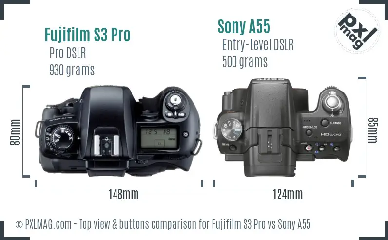Fujifilm S3 Pro vs Sony A55 top view buttons comparison