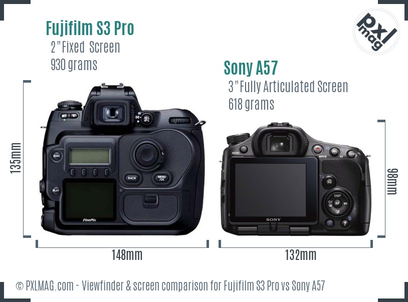 Fujifilm S3 Pro vs Sony A57 Screen and Viewfinder comparison