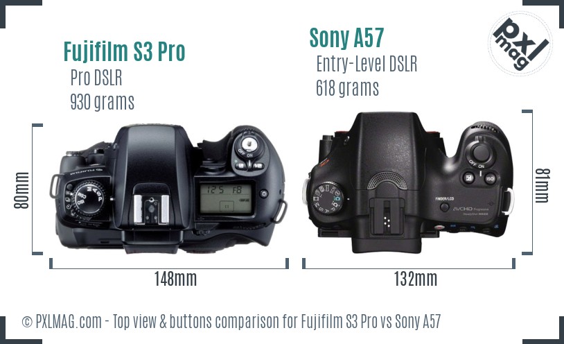 Fujifilm S3 Pro vs Sony A57 top view buttons comparison