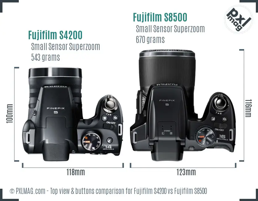 Fujifilm S4200 vs Fujifilm S8500 top view buttons comparison