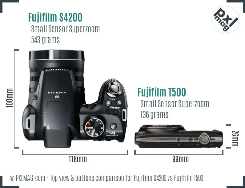 Fujifilm S4200 vs Fujifilm T500 top view buttons comparison