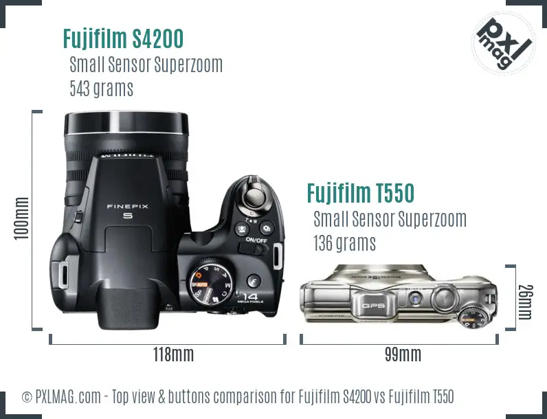 Fujifilm S4200 vs Fujifilm T550 top view buttons comparison
