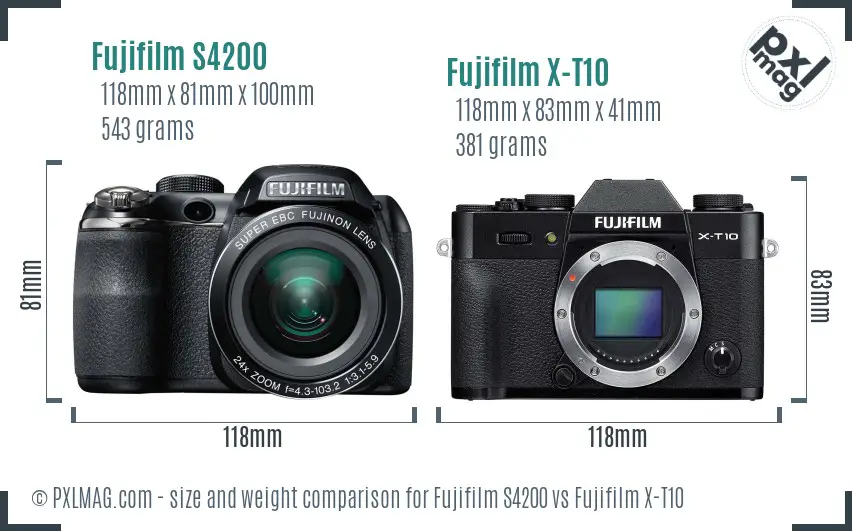 Fujifilm S4200 vs Fujifilm X-T10 size comparison