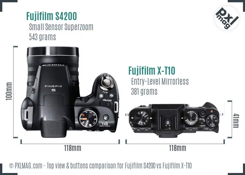 Fujifilm S4200 vs Fujifilm X-T10 top view buttons comparison