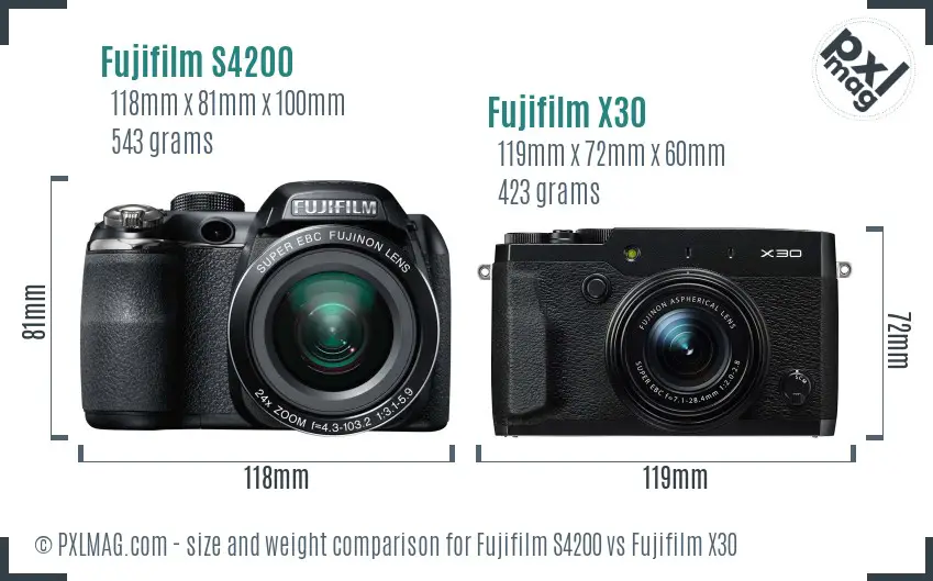 Fujifilm S4200 vs Fujifilm X30 size comparison