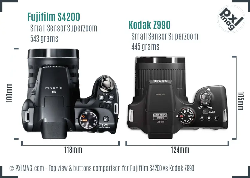 Fujifilm S4200 vs Kodak Z990 top view buttons comparison Fujifilm S4200 vs Kodak Z990 top view buttons comparison